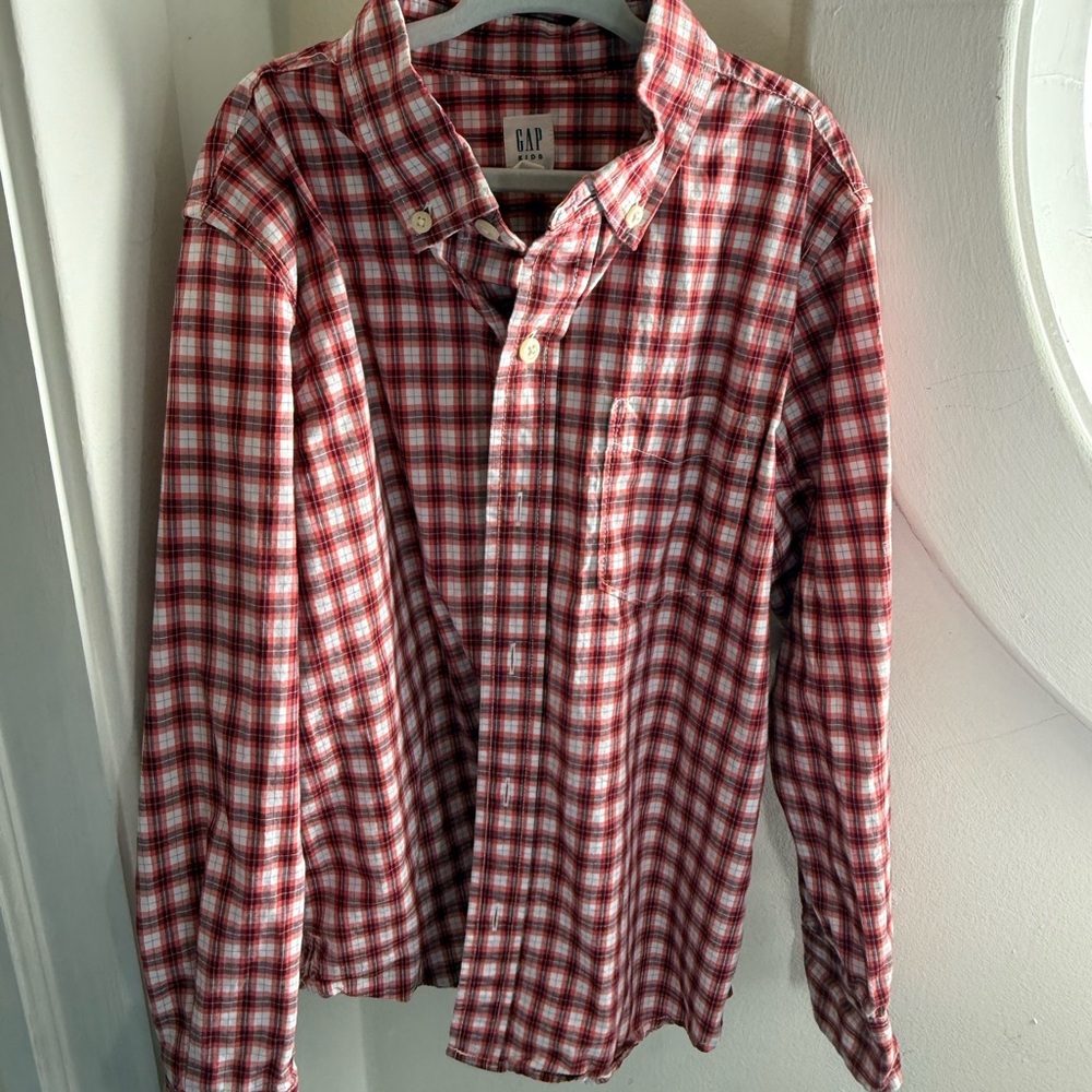 GAP Kids Red and White Plaid Button-Down Holiday Shirt
